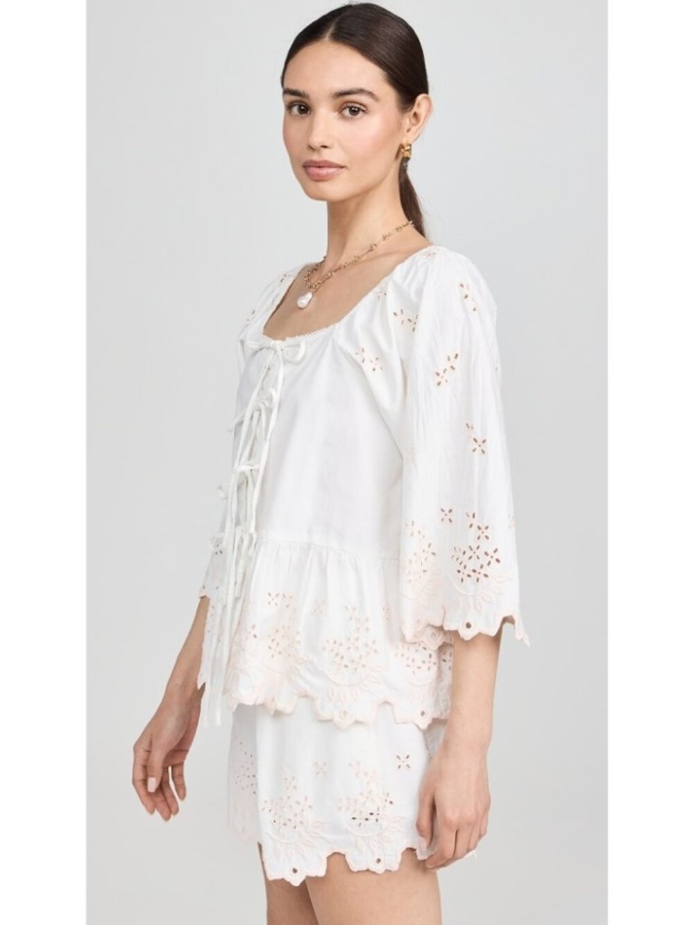Damson Madder Lana Blouse & Short SET White Broderie Tie Cotton Cottage Boho 6 - Picture 4 of 12
